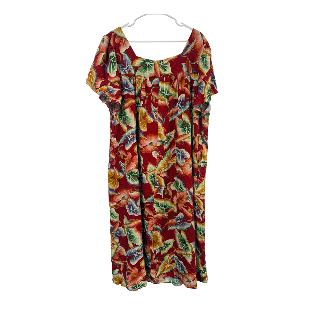 Hawaiian Originals Muumuu Dress Womens 2XL Red Tropical Floral Short Sleeve Midi